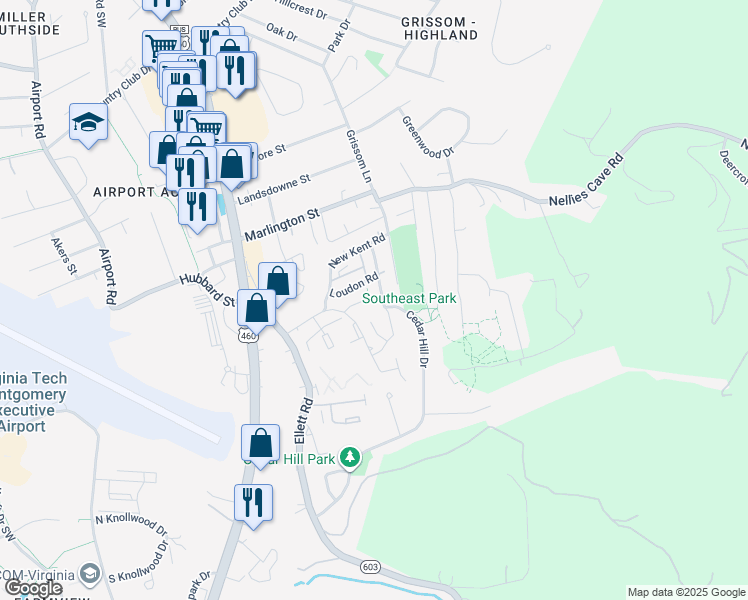 map of restaurants, bars, coffee shops, grocery stores, and more near 319 Fairfax Road in Blacksburg