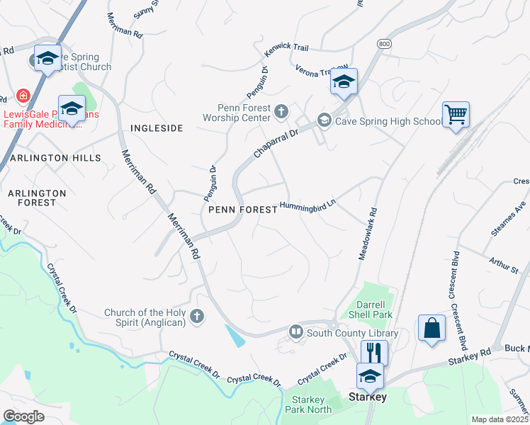 map of restaurants, bars, coffee shops, grocery stores, and more near 3934 Hummingbird Lane in Cave Spring