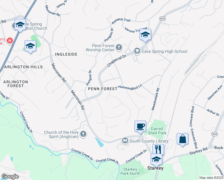 map of restaurants, bars, coffee shops, grocery stores, and more near 3934 Hummingbird Lane in Cave Spring