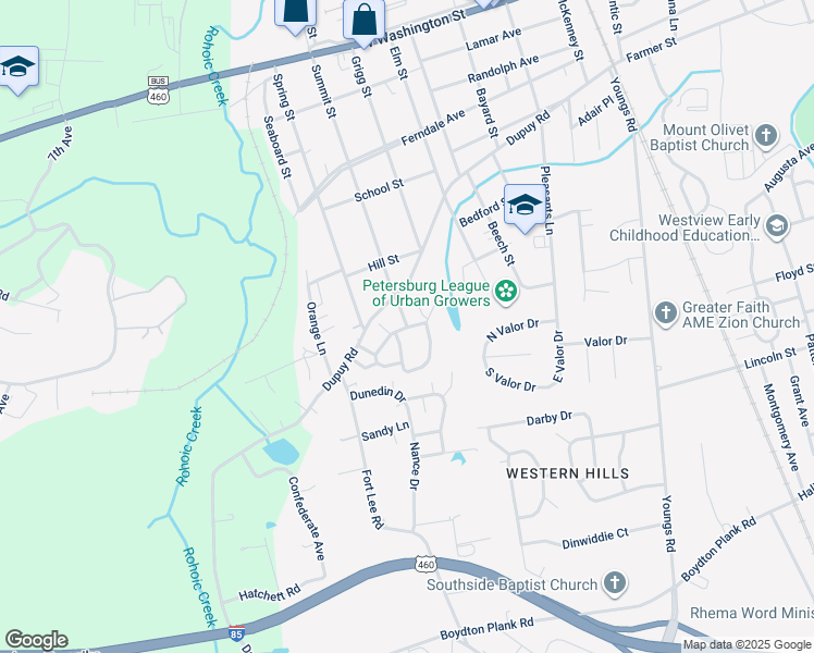 map of restaurants, bars, coffee shops, grocery stores, and more near 538 Summit Street in Petersburg