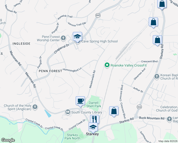 map of restaurants, bars, coffee shops, grocery stores, and more near 2716 Tanglewood Drive in Roanoke