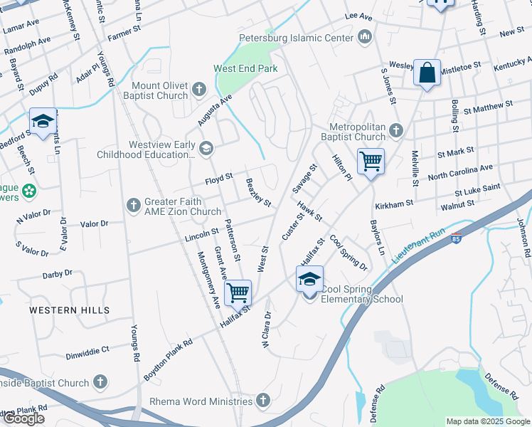 map of restaurants, bars, coffee shops, grocery stores, and more near 1311 Lincoln Street in Petersburg