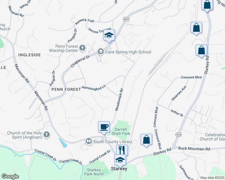 map of restaurants, bars, coffee shops, grocery stores, and more near 2733 Tanglewood Drive in Cave Spring