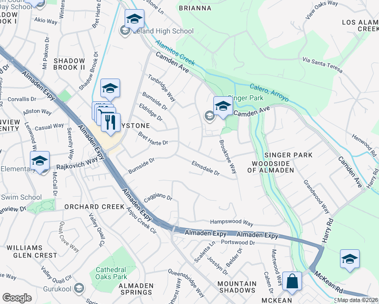 map of restaurants, bars, coffee shops, grocery stores, and more near 7025 Bret Harte Drive in San Jose
