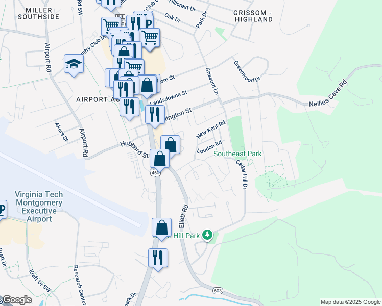map of restaurants, bars, coffee shops, grocery stores, and more near 295 New Kent Road in Blacksburg