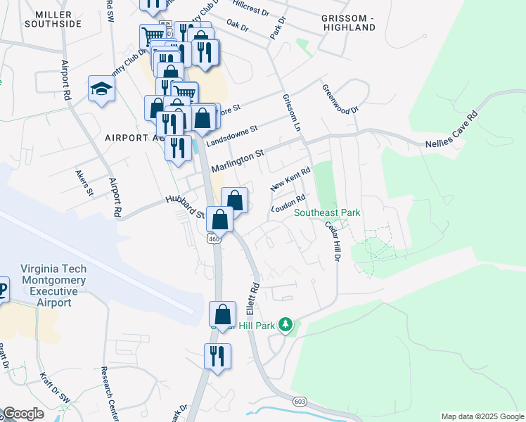 map of restaurants, bars, coffee shops, grocery stores, and more near 295 New Kent Road in Blacksburg