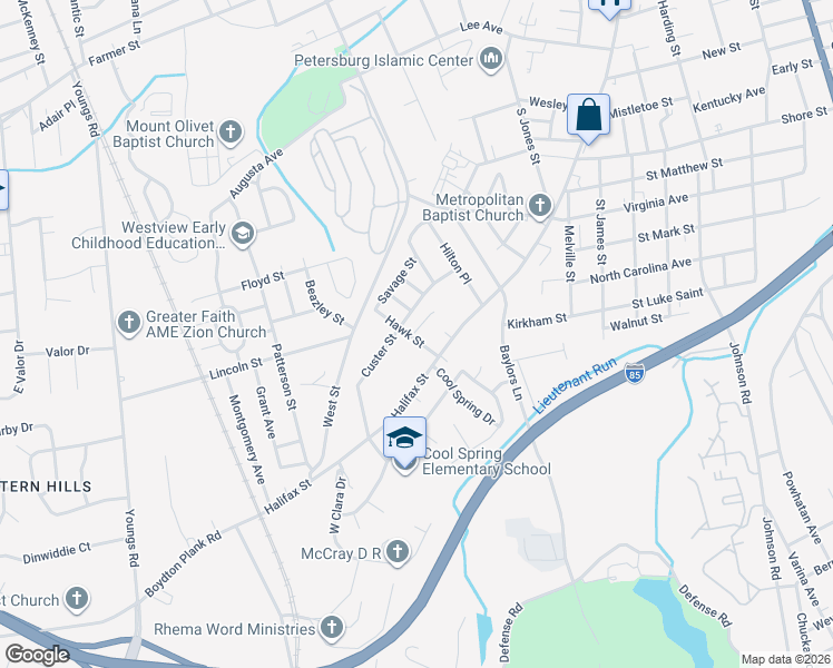 map of restaurants, bars, coffee shops, grocery stores, and more near 1124 Hawk Street in Petersburg