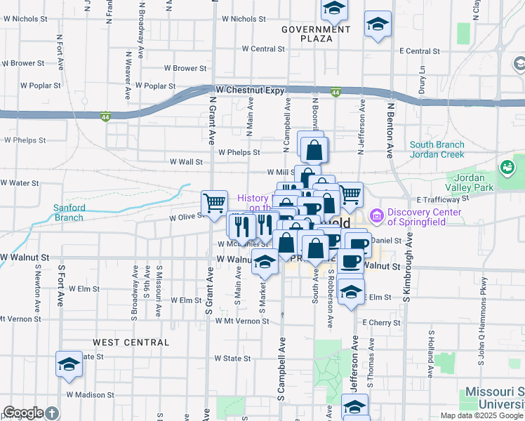 map of restaurants, bars, coffee shops, grocery stores, and more near 501 West College Street in Springfield