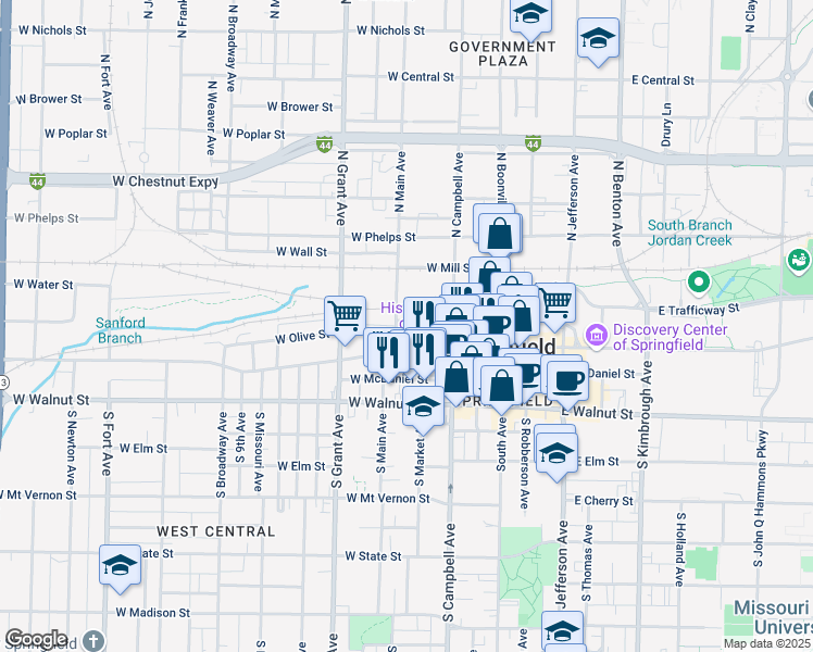 map of restaurants, bars, coffee shops, grocery stores, and more near 520 West Olive Street in Springfield