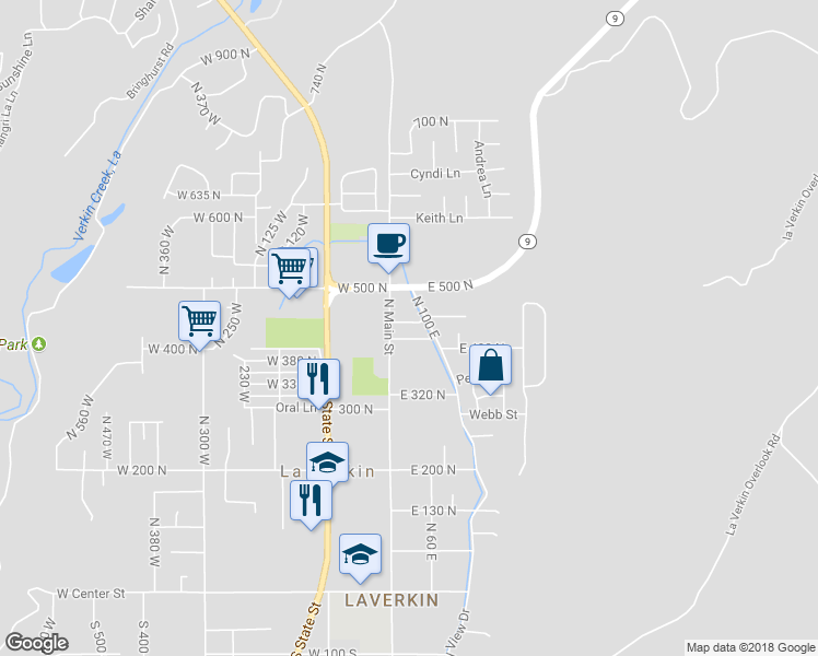 map of restaurants, bars, coffee shops, grocery stores, and more near 26 East 450 Street North in La Verkin