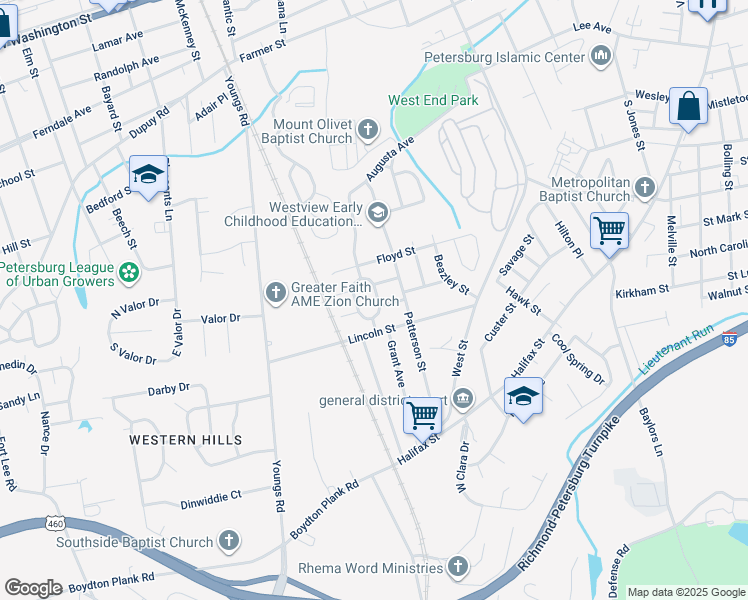 map of restaurants, bars, coffee shops, grocery stores, and more near 1130 East Augusta Avenue in Petersburg