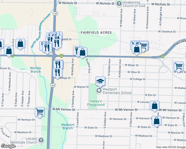 map of restaurants, bars, coffee shops, grocery stores, and more near 250 North Hilton Avenue in Springfield