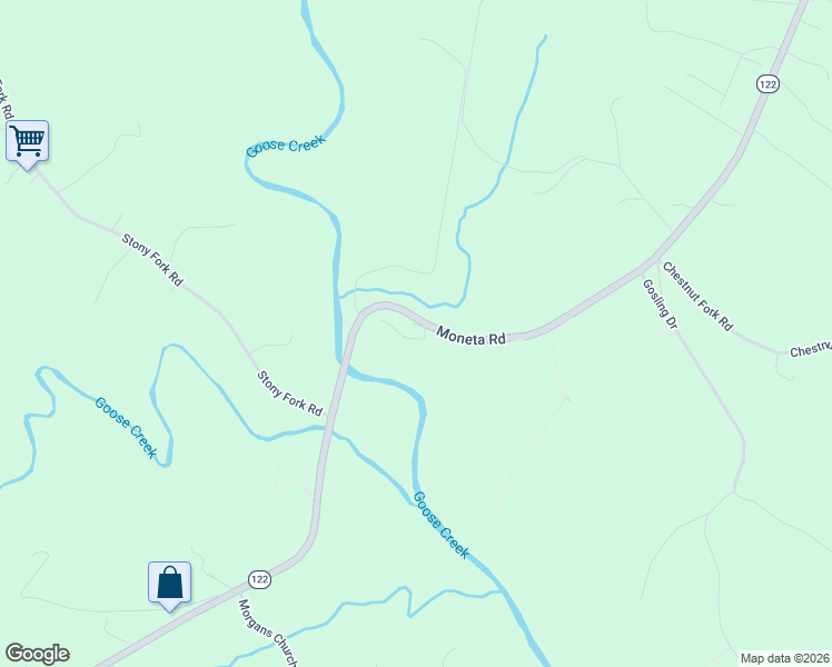 map of restaurants, bars, coffee shops, grocery stores, and more near 10048 Moneta Road in Moneta