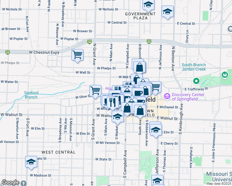 map of restaurants, bars, coffee shops, grocery stores, and more near 504 West Olive Street in Springfield