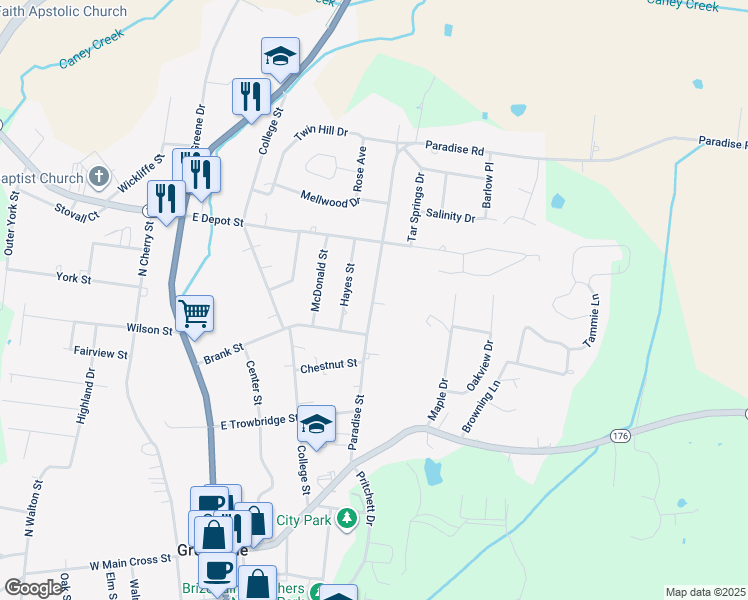 map of restaurants, bars, coffee shops, grocery stores, and more near Paradise Street in Greenville