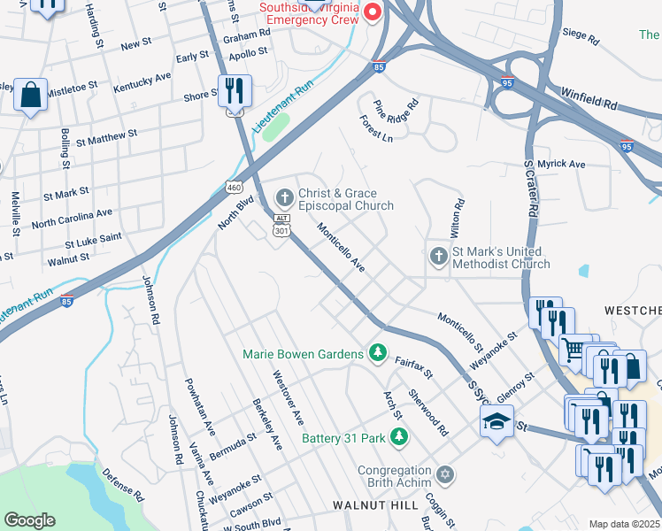 map of restaurants, bars, coffee shops, grocery stores, and more near 1629 South Sycamore Street in Petersburg
