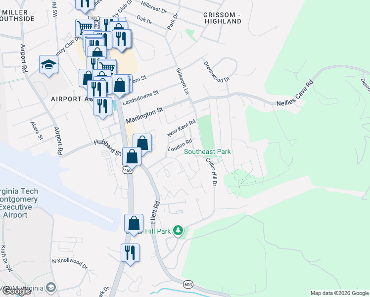 map of restaurants, bars, coffee shops, grocery stores, and more near 319 Fairfax Road in Blacksburg