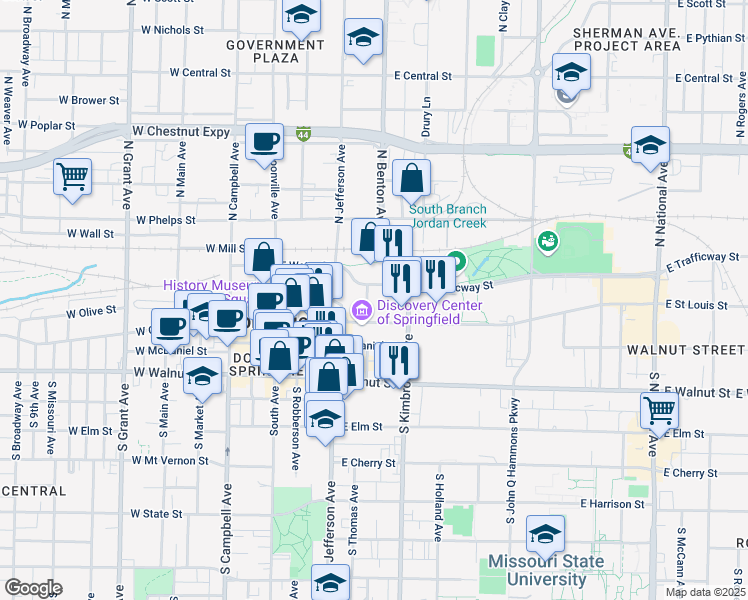 map of restaurants, bars, coffee shops, grocery stores, and more near 503 East Saint Louis Street in Springfield