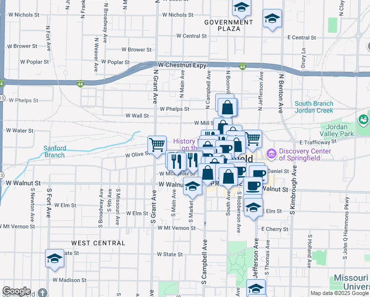 map of restaurants, bars, coffee shops, grocery stores, and more near 501 West College Street in Springfield