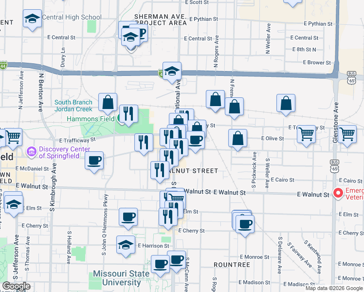 map of restaurants, bars, coffee shops, grocery stores, and more near 1213 East Saint Louis Street in Springfield
