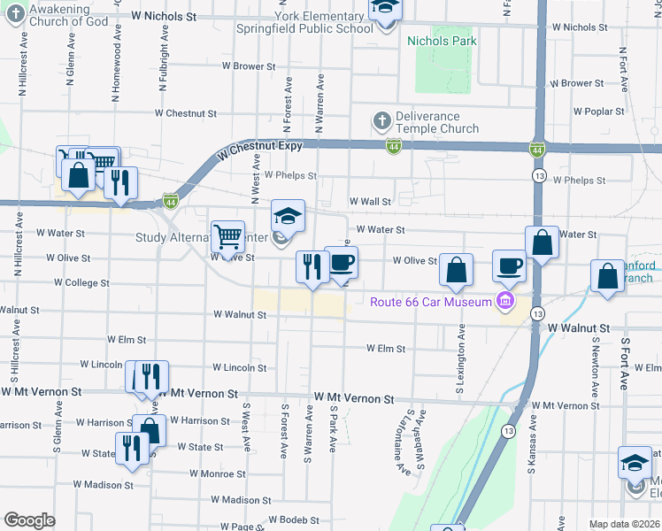 map of restaurants, bars, coffee shops, grocery stores, and more near 2221 West College Street in Springfield