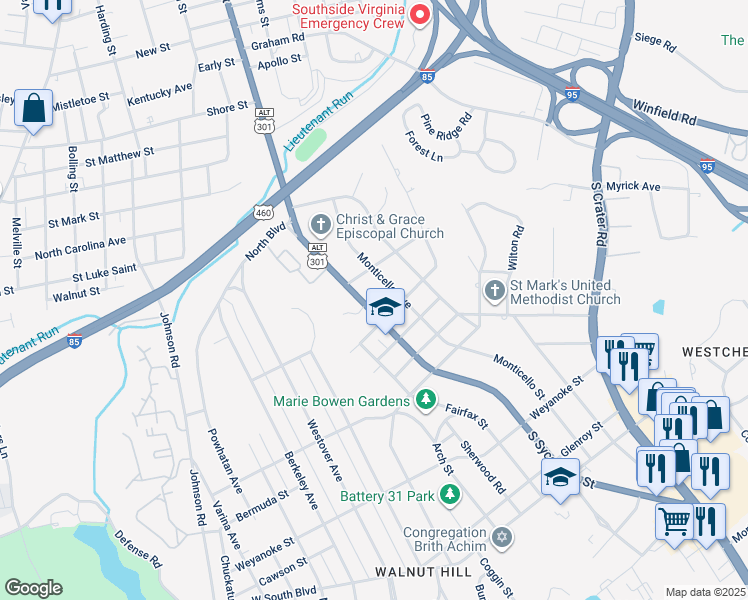 map of restaurants, bars, coffee shops, grocery stores, and more near 1629 South Sycamore Street in Petersburg
