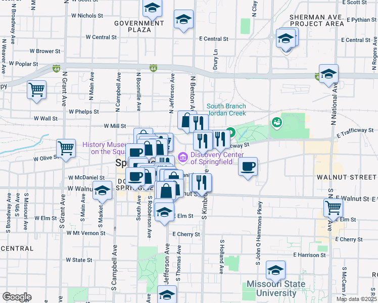 map of restaurants, bars, coffee shops, grocery stores, and more near 505 East Saint Louis Street in Springfield