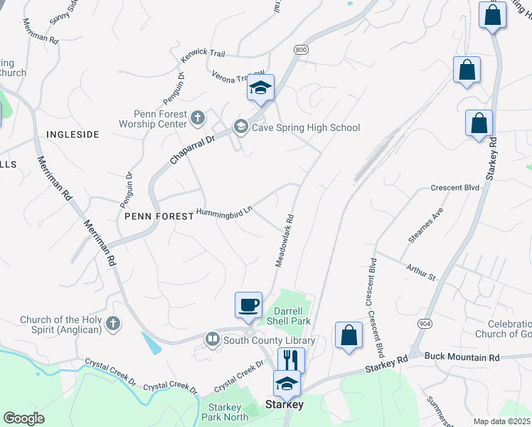map of restaurants, bars, coffee shops, grocery stores, and more near 2716 Tanglewood Drive in Roanoke