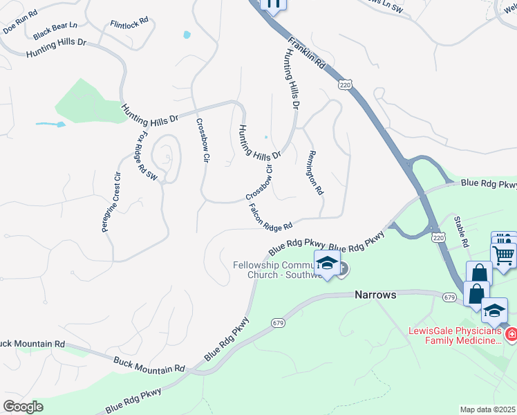 map of restaurants, bars, coffee shops, grocery stores, and more near 5010 Falcon Ridge Road in Cave Spring