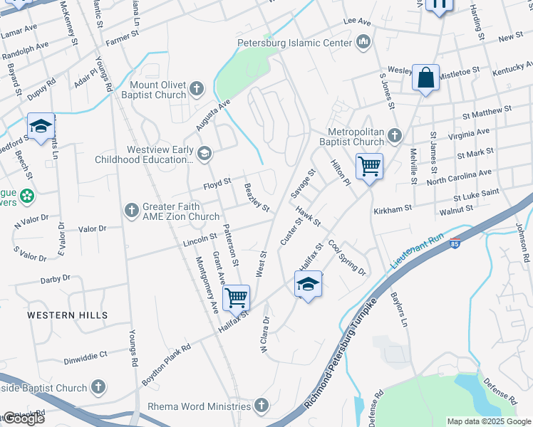 map of restaurants, bars, coffee shops, grocery stores, and more near 1306 Beazley Street in Petersburg