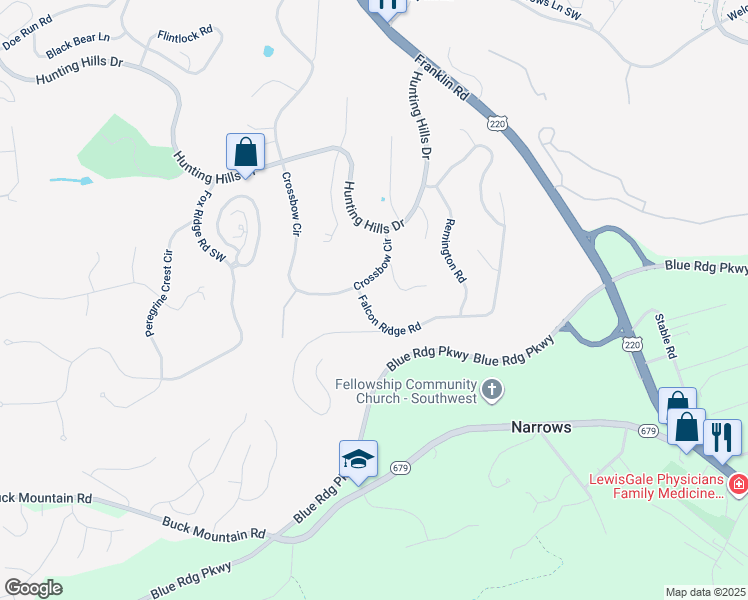 map of restaurants, bars, coffee shops, grocery stores, and more near 5010 Falcon Ridge Road in Cave Spring
