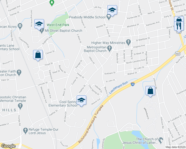map of restaurants, bars, coffee shops, grocery stores, and more near 1310 Halifax Street in Petersburg