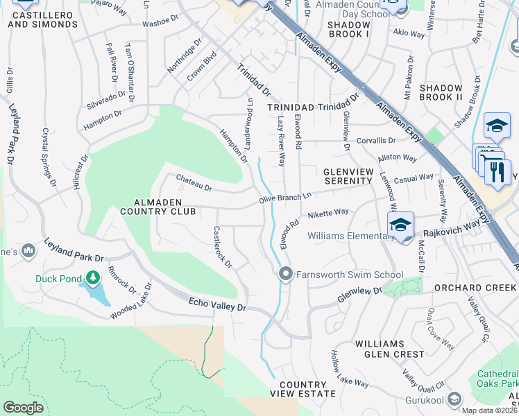 map of restaurants, bars, coffee shops, grocery stores, and more near 1182 Olive Branch Lane in San Jose