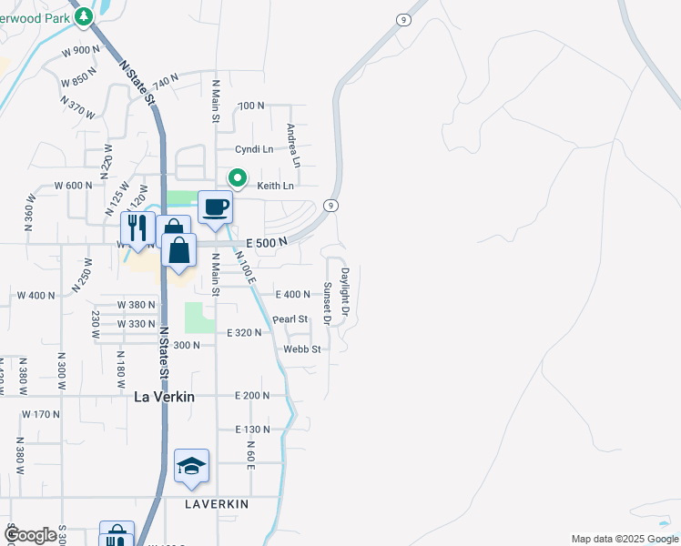 map of restaurants, bars, coffee shops, grocery stores, and more near 445 North 250 West in La Verkin