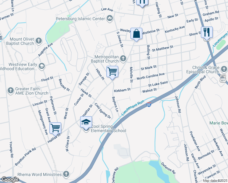 map of restaurants, bars, coffee shops, grocery stores, and more near 1136 Halifax Street in Petersburg