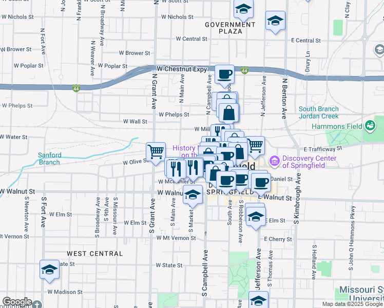map of restaurants, bars, coffee shops, grocery stores, and more near 465 East Water Street in Springfield