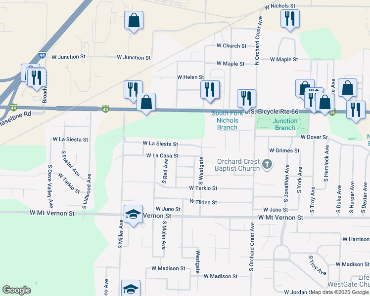 map of restaurants, bars, coffee shops, grocery stores, and more near 4353 West La Siesta Street in Springfield