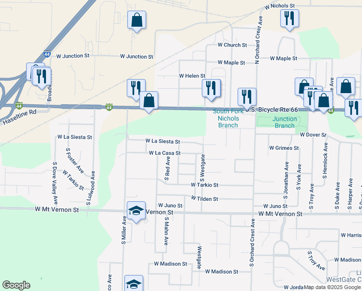 map of restaurants, bars, coffee shops, grocery stores, and more near 4353 West La Siesta Street in Springfield