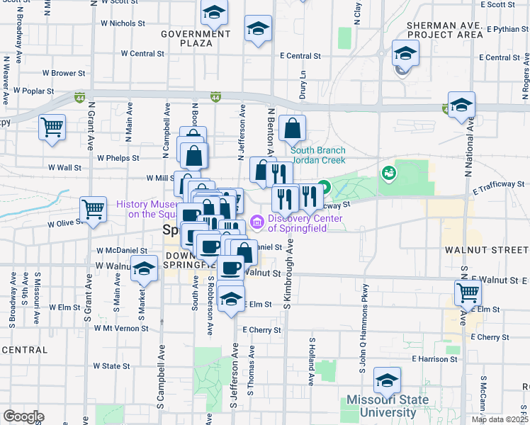map of restaurants, bars, coffee shops, grocery stores, and more near 505 East Saint Louis Street in Springfield