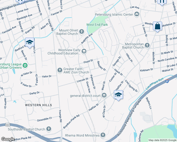 map of restaurants, bars, coffee shops, grocery stores, and more near 1405 Stark Street in Petersburg