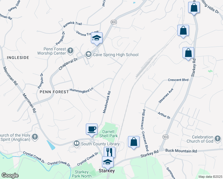 map of restaurants, bars, coffee shops, grocery stores, and more near 3734 Meadowlark Road in Cave Spring
