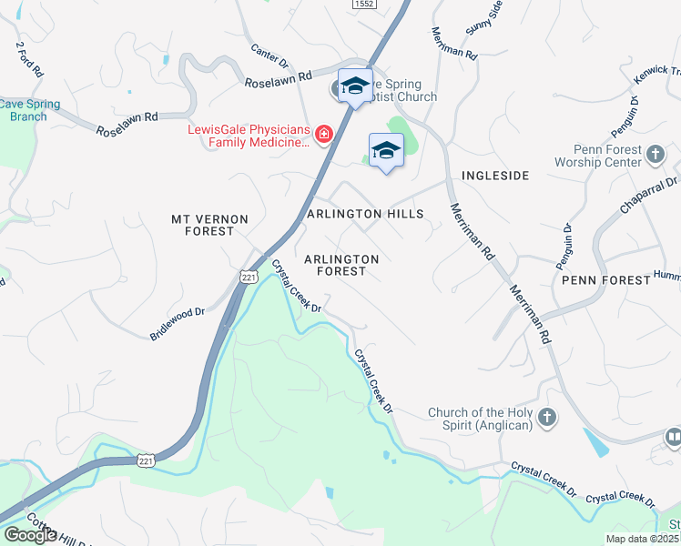 map of restaurants, bars, coffee shops, grocery stores, and more near 4161 Woodridge Drive in Cave Spring