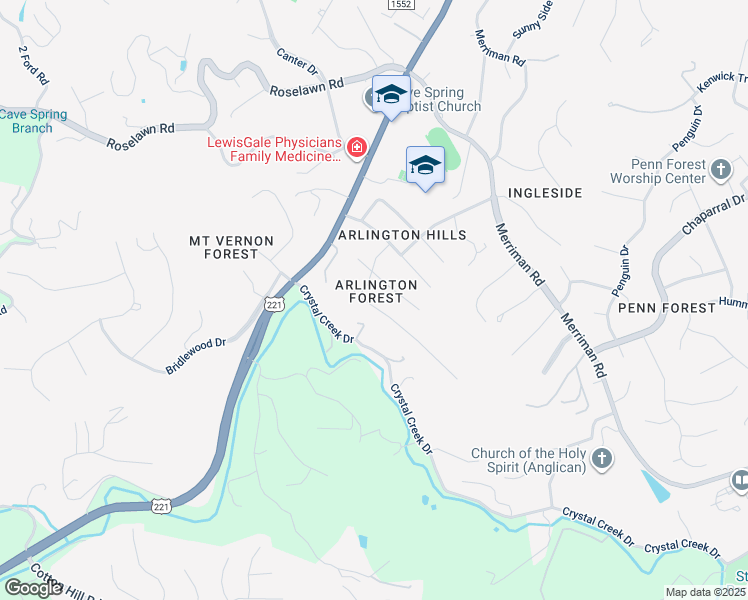 map of restaurants, bars, coffee shops, grocery stores, and more near 4161 Woodridge Drive in Cave Spring