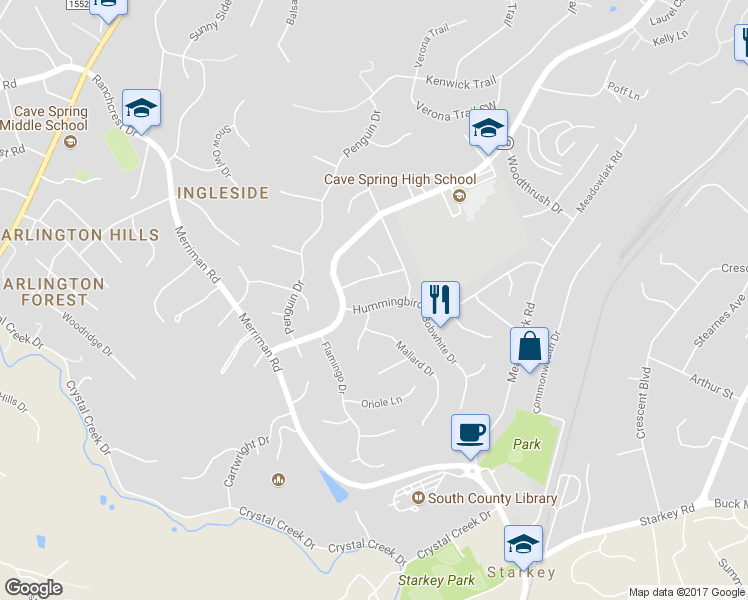 map of restaurants, bars, coffee shops, grocery stores, and more near 3935 Hummingbird Lane in Roanoke