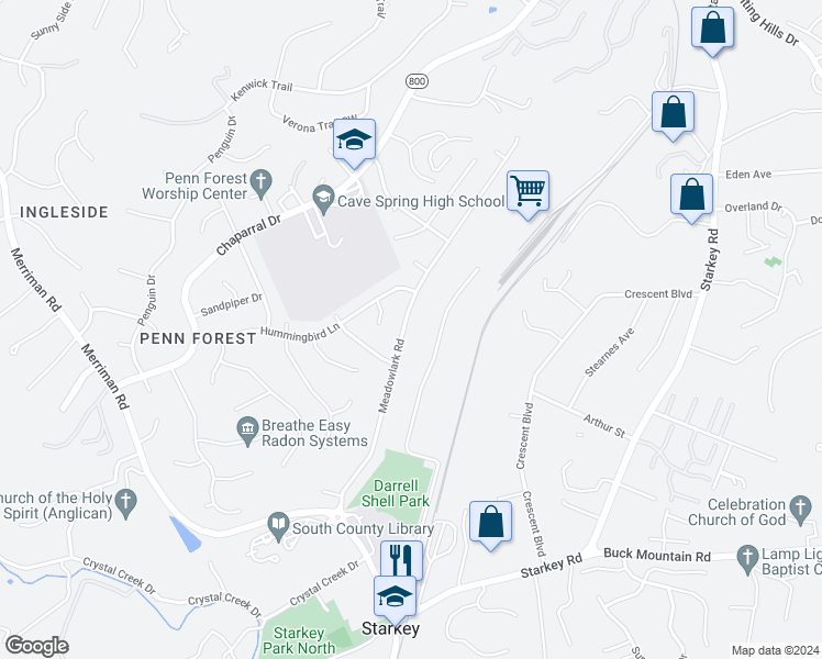 map of restaurants, bars, coffee shops, grocery stores, and more near 3734 Meadowlark Road in Cave Spring