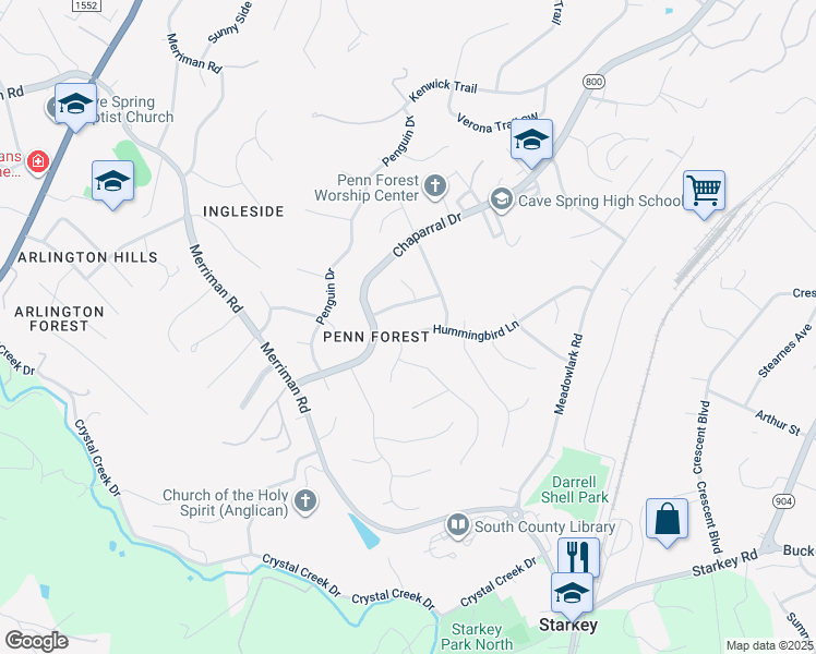 map of restaurants, bars, coffee shops, grocery stores, and more near 3935 Hummingbird Lane in Roanoke