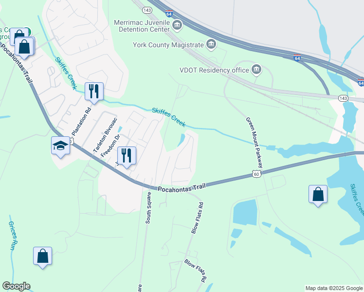 map of restaurants, bars, coffee shops, grocery stores, and more near 1728 Skiffes Creek Circle in Williamsburg