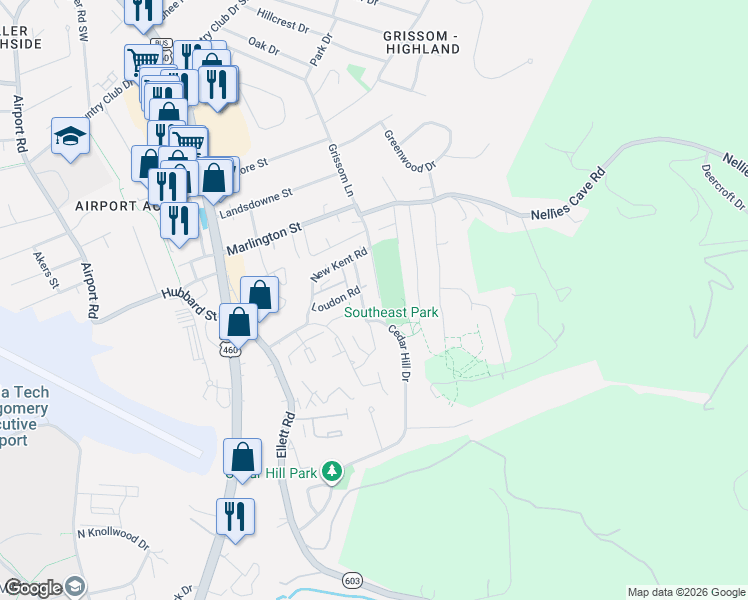 map of restaurants, bars, coffee shops, grocery stores, and more near 1900 Grissom Lane in Blacksburg