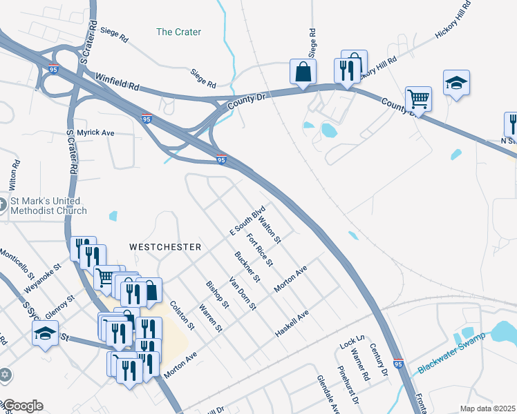 map of restaurants, bars, coffee shops, grocery stores, and more near 1947 Walton Street in Petersburg