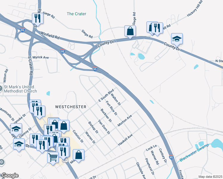 map of restaurants, bars, coffee shops, grocery stores, and more near 1947 Walton Street in Petersburg